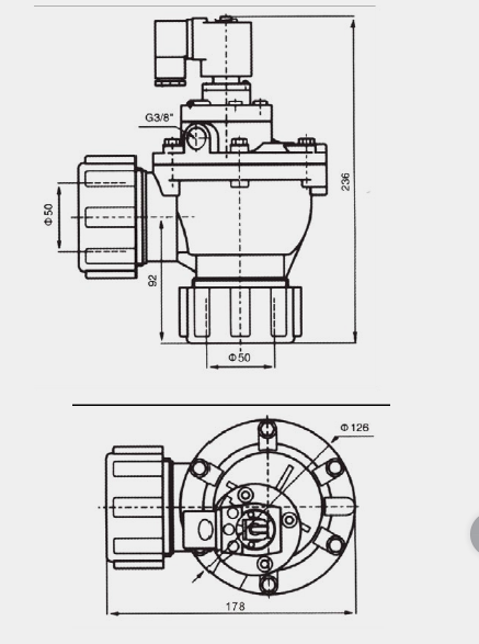 雙插管式清潔空氣除塵用直角式脈沖電磁閥結(jié)構(gòu)尺寸圖